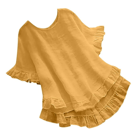 Yubnlvae Oversized Collared Blouse - Short Sleeve Ruffle Detail Casual Shirt (Breathable Cotton | Relaxed Fit | Button-Front | Everyday Wear) (Yellow | XL)