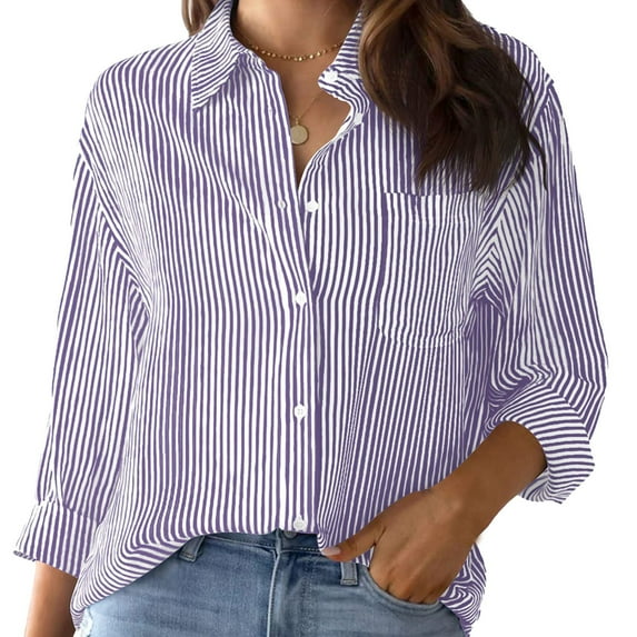 Yubnlvae Oversized Striped Button-Down Shirts - Women's Long Sleeve Casual Blouses (Cotton Comfort, Workwear & Weekend) Purple M