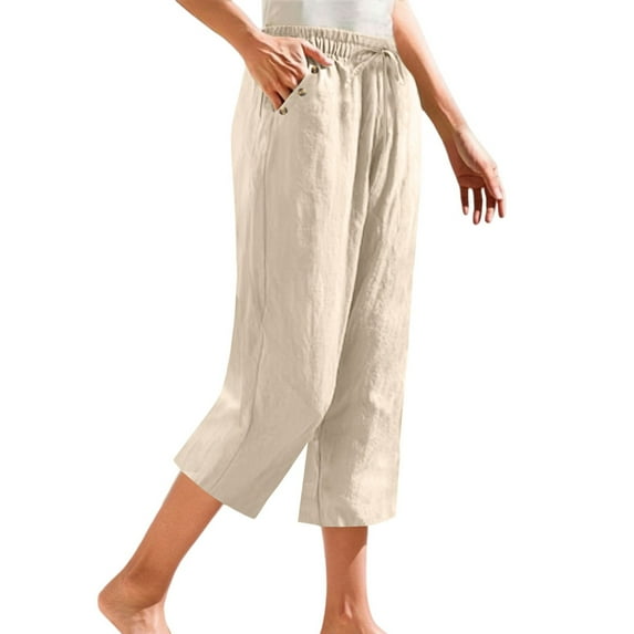 Yubnlvae Petite Linen Pants for Women - Summer Straight Leg Cropped Capris Beige L, Linen Pants for Women Petite Summer Casual Cotton Straight Leg Cropped Pants with Button Pockets