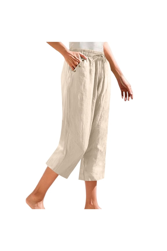 Petite Linen Pants for Women - Summer Straight Leg Cropped Capris Beige M, Linen Pants for Women Petite Summer Casual Cotton Straight Leg Cropped Pants with Button Pockets