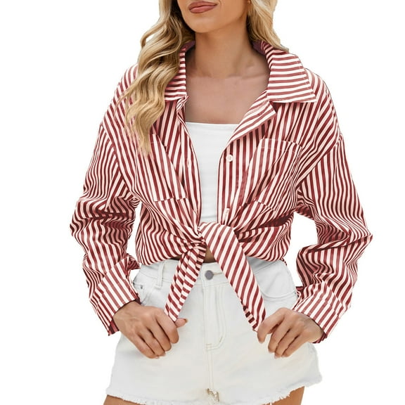 Yubnlvae Pink Women's Spring/Summer Striped Chest Pocket Loose Casual Long Sleeved Shirt, Xl