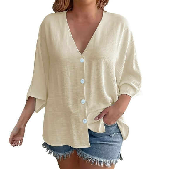 Yubnlvae Plus Size 3/4 Sleeve Tunic Top - V-Neck Beach Cover-Up, Wrinkle-Resistant Button Shirt (S-XXXL, 7 Neutral Tones) (Beige | L)