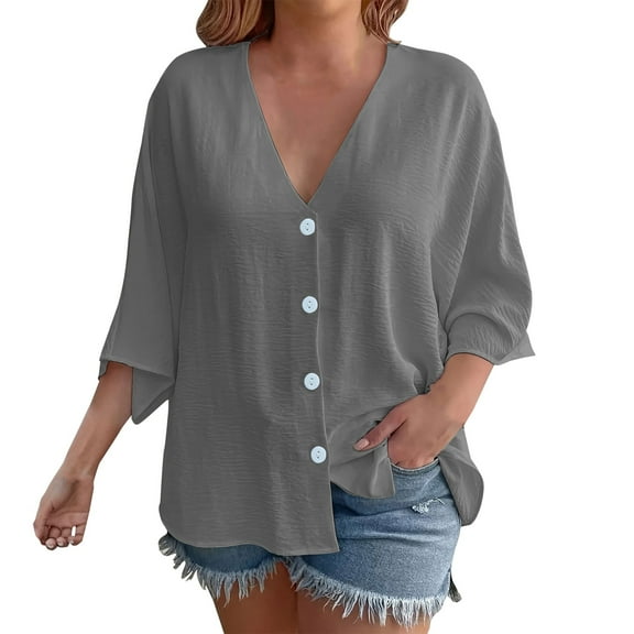 Yubnlvae Plus Size 3/4 Sleeve Tunic Top - V-Neck Beach Cover-Up, Wrinkle-Resistant Button Shirt (S-XXXL, 7 Neutral Tones) (Grey | L)