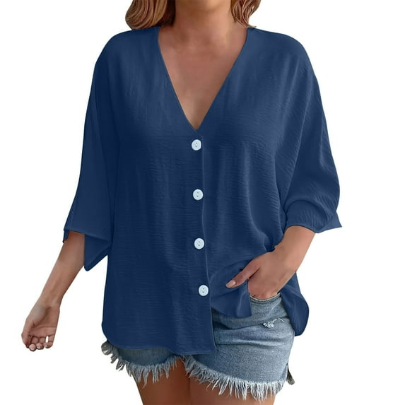 Yubnlvae Plus Size 3/4 Sleeve Tunic Top - V-Neck Beach Cover-Up, Wrinkle-Resistant Button Shirt (S-XXXL, 7 Neutral Tones) (Navy | XL)