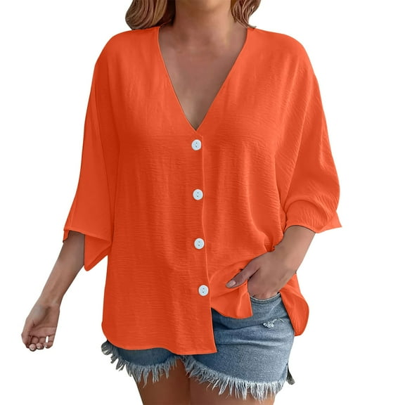 Yubnlvae Plus Size 3/4 Sleeve Tunic Top - V-Neck Beach Cover-Up, Wrinkle-Resistant Button Shirt (S-XXXL, 7 Neutral Tones) (Orange | XL)