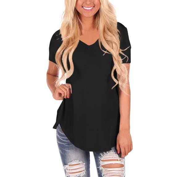 Yubnlvae Plus Size V-Neck Knit Solid Color Loose Fit Short Sleeve T-Shirt,, Womens Short Sleeve V Neck Loose Casual T Shirts Summer Topsclearance! Solid, V-Neck, Black, S