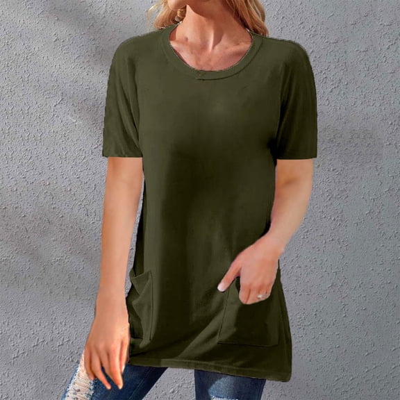 Yubnlvae Pocket Detail Round Neck T-Shirt - Soft Everyday Top for Errands, Layering, Or Weekend Wear, Women's Crochet Lace T-Shirt 3/4 Sleeve Hollow Out Boho Summer Beach Casual Top, Green, L