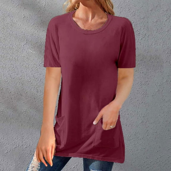 Yubnlvae Pocket Detail Round Neck T-Shirt - Soft Everyday Top for Errands, Layering, Or Weekend Wear, Women's Crochet Lace T-Shirt 3/4 Sleeve Hollow Out Boho Summer Beach Casual Top, Red2, M