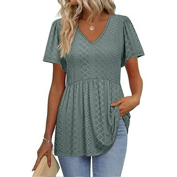 Yubnlvae Puff Sleeve V-Neck Blouse - Feminine Summer Tee for Dates, Parties, Or Office Casual, Women's Chiffon Maxi Dress V-Neck Flowy Evening Gown Beach Wedding Dress, Blue, L