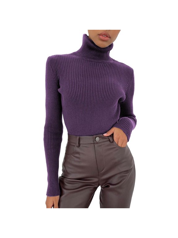 Purple Women Soft Sweater Slim Fit Lightweight Long Sleeve Turtleneck Tops Undershirt Sexy Knitted Warm Fitted Fashion Pullover Sweater, One Size