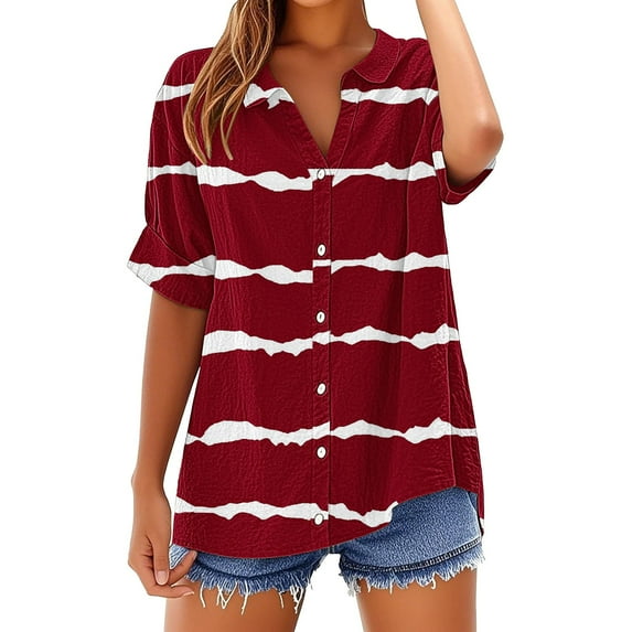 Yubnlvae Red Loose Shirt Top Stand Solid Color Long Sleeve Lapel Collar Casual Women's Shirt Women's Shirt, S