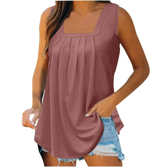 Yubnlvae Rose Gold Summer Tank Tops for Women 2025 Loose Fit Pleated Square Neck Sleeveless Shirt Curved Flowy Vest Basic Cotton Tee, S