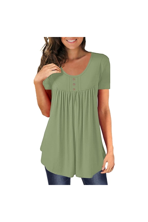 Ruched Tunic Tops for Women - Casual Short Sleeve Blouses (Leggings Matching, Spring/Summer Outfits) Green L