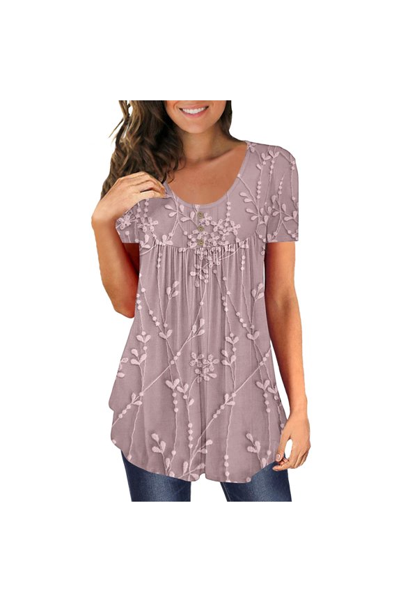 Ruched Tunic Tops for Women - Casual Short Sleeve Blouses (Leggings Matching, Spring/Summer Outfits) Pink S