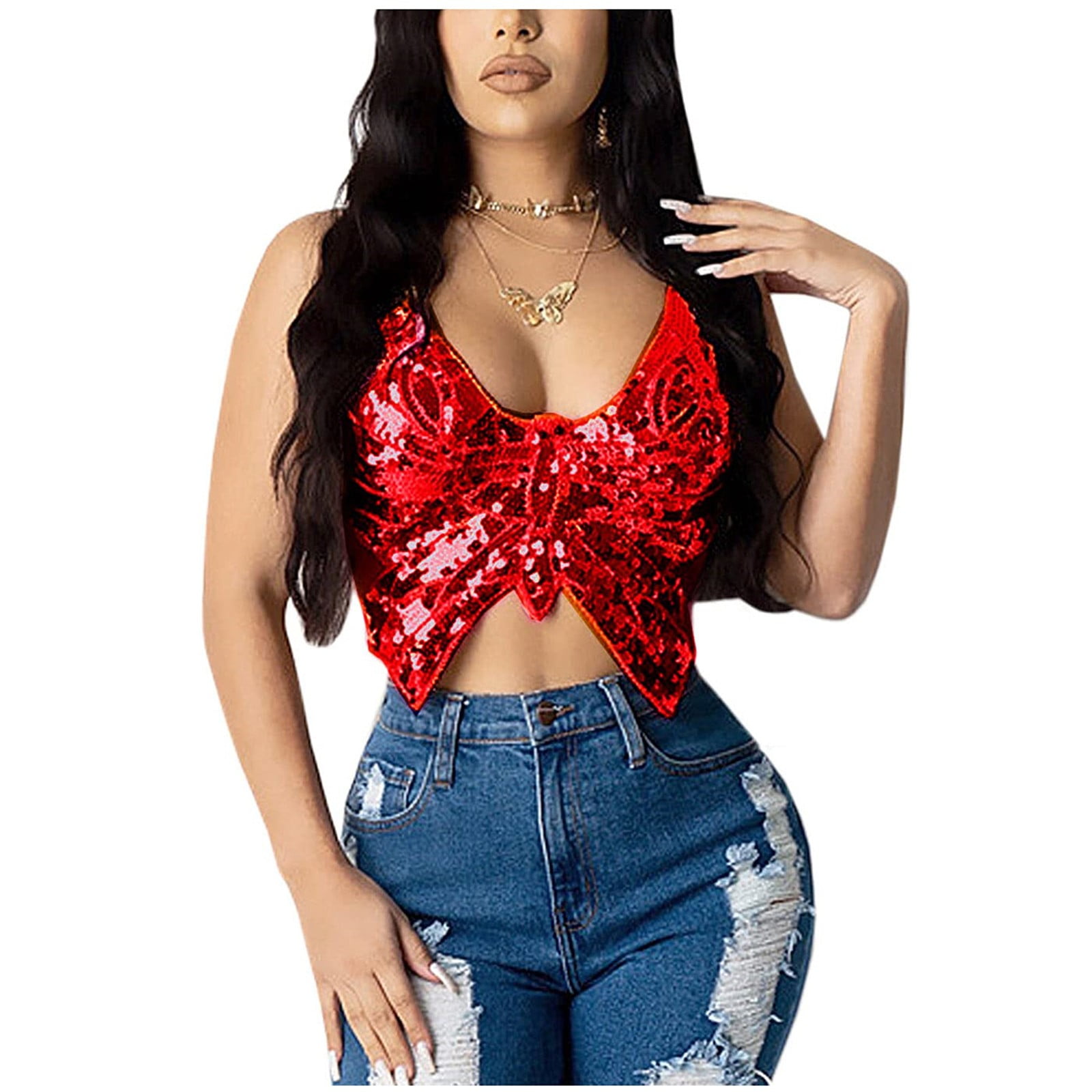 Yubnlvae Sequin Tops for Women, Women's Sparkly Sequin Crop Top Bandage Bra  Belly Dance Vest Tank Outfits Red, Mardi Gras 
