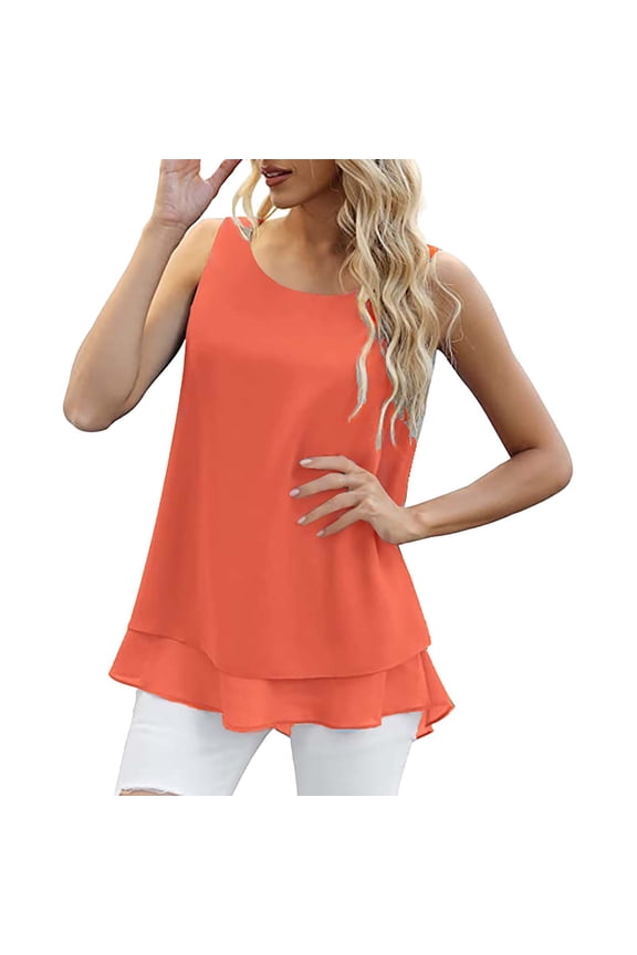 Sheer Chiffon Camisole - Double-Layer Summer Top for Beach Cover-Ups & Party Looks (Vacation Wear), Women's Chiffon Sleeveless Blouse Double Layer Casual Tunic Summer Beach Top, Orange, Xxl