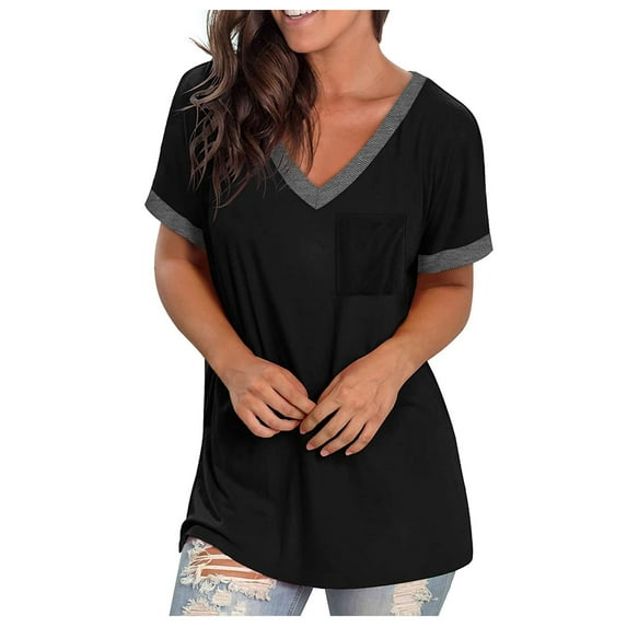 Yubnlvae Shirts for Women, Women's Short Sleeve V-Neck T Shirts Pocket Tunics Casual Tops Blouses T-Shirts for Women Black