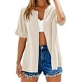 thumbnail image 1 of Yubnlvae Short Sleeve Linen Shirt - Women's Collarless Button-Down Top, Breathable Casual Oversized T-Shirt Style Blouse (Beige | L), 1 of 5