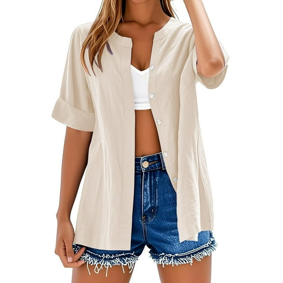 Yubnlvae Short Sleeve Linen Shirt - Women's Collarless Button-Down Top, Breathable Casual Oversized T-Shirt Style Blouse (Beige | L)