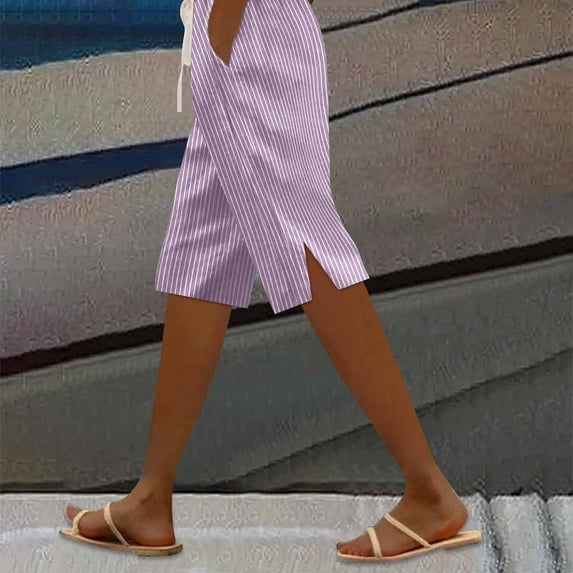 Yubnlvae Side-Slit Cotton Linen Drawstring Shorts - Relaxed Summer Casual Pants with Pockets, Women's Striped 3/4 Sleeve T-Shirt Side Slit Cotton Linen Boho Casual Summer Top, Pink, Xxl