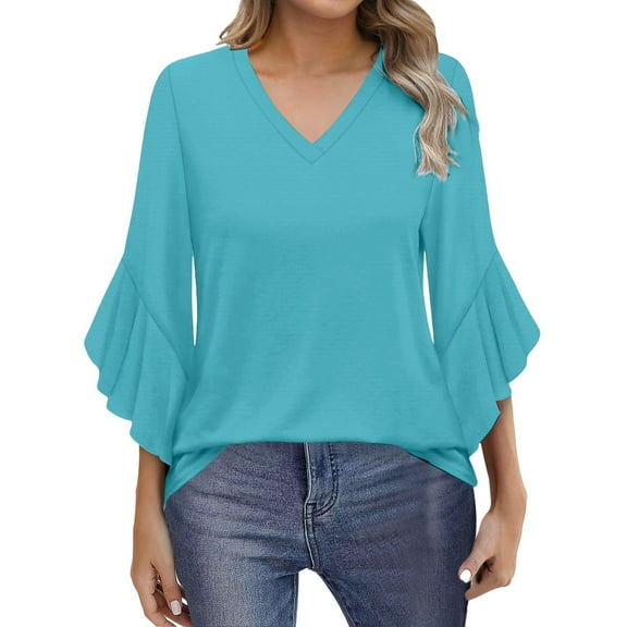 Yubnlvae Sky Blue Blouses for Women Casual 3/4 Length Sleeve Womens Tops V Neck Tshirts Shirts with Flared Sleeve, S