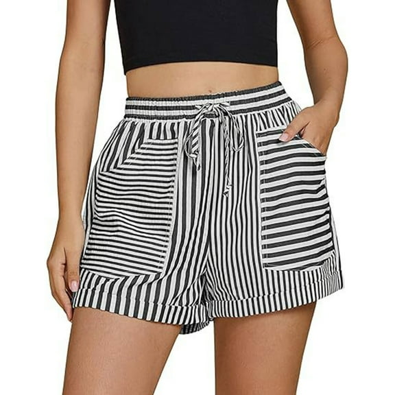 Yubnlvae Striped Summer Shorts - High Waist Elastic Beach Casual Shorts Black S, Striped Shorts for Women High Waisted Beach Casual Pull on Elastic Waist Summer Shorts with Pockets