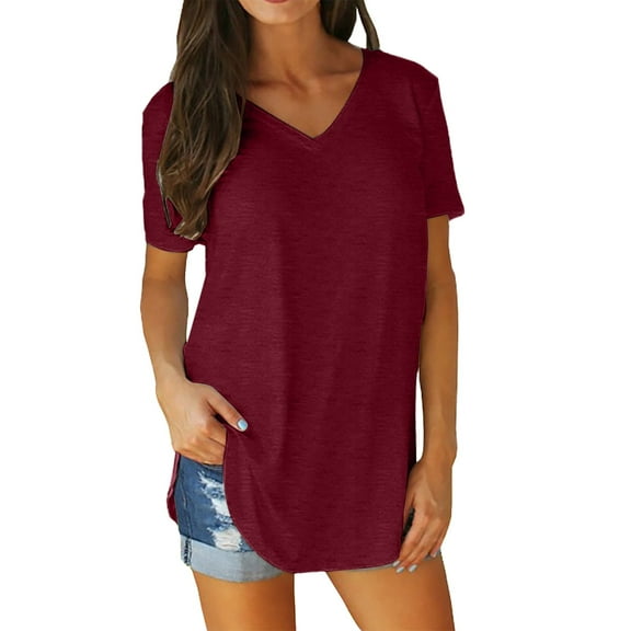 Yubnlvae Summer V-Neck Arc-Hem T-Shirt, Summer Women's V Neck Short Sleeved Loose T Shirt with Arc Hem Large Size Solid Color Topclearance! Solid, V-Neck, Wine, 5Xl