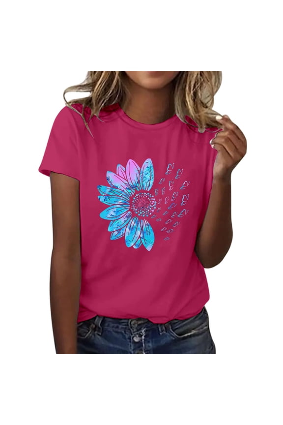 T Shirts for Women Women's Summer Sunflower T Shirt Cute Flower Graphic Loose Tees Crew Neck Short Sleeve Casual Topsclearance! Sunflower, Round Neck, Hot Pink, Xxl