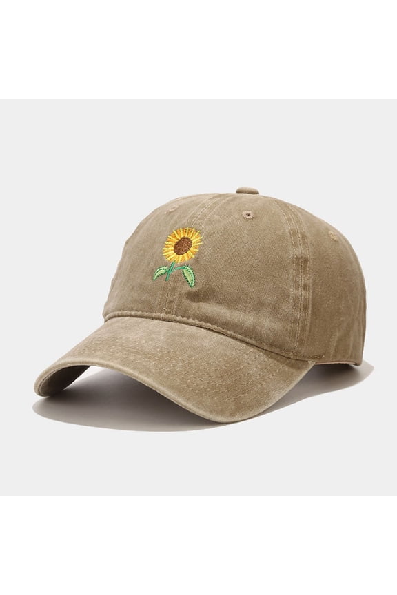 Unisex Washed Cotton Baseball Cap with Sunflower Embroidery - Vintage Style Uv Protection Hat for Outdoor Activities Under 5$, Khaki, One Size