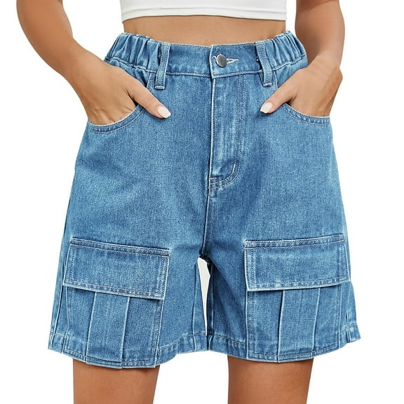 Yubnlvae Utility Denim Shorts - Women's Washed Cargo Shorts with 6 Pockets, Elastic Waist Knee Length Casual Summer Shorts (Blue | S)