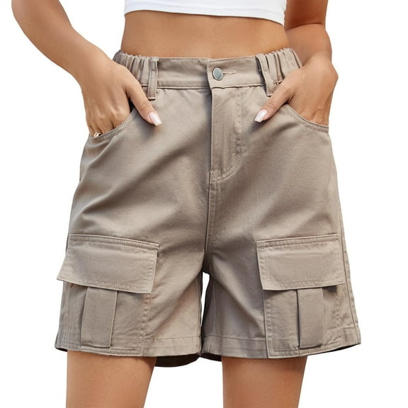 Yubnlvae Utility Denim Shorts - Women's Washed Cargo Shorts with 6 Pockets, Elastic Waist Knee Length Casual Summer Shorts (Khaki | S)