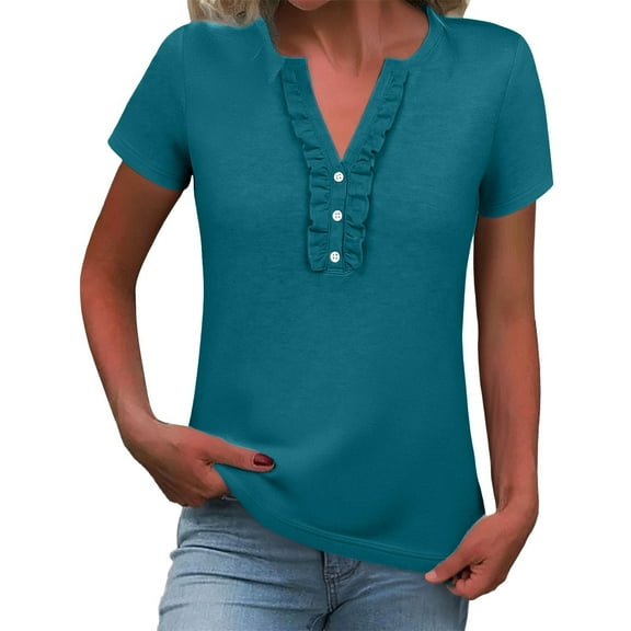 Yubnlvae V-Neck Button Detail T-Shirt - Women's Casual Short Sleeve Top, Loose Fit Cotton Blouse (Purple/Blue/Khaki, S-XXXL) (Green | S)
