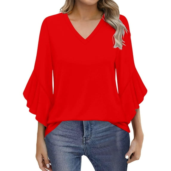 Yubnlvae Watermelon Red Blouses for Women Casual 3/4 Length Sleeve Womens Tops V Neck Tshirts Shirts with Flared Sleeve, Xl