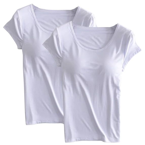 Yubnlvae Women's 2-Pack Shirt with Built-in Bra Padded Crewneck Short Sleeve Athletic Top - (Breathable Comfort | Solid Color | Layering Essential) (E | L)