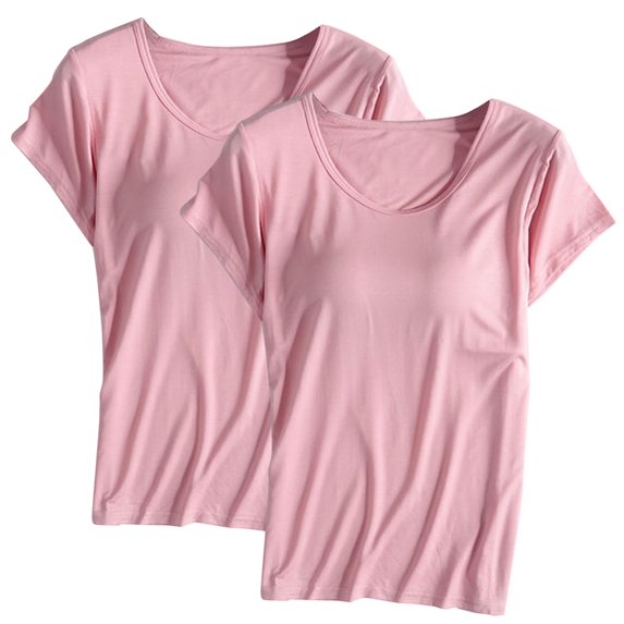 Yubnlvae Women's 2-Pack Shirt with Built-in Bra Padded Crewneck Short Sleeve Athletic Top - (Breathable Comfort | Solid Color | Layering Essential) (G | M)
