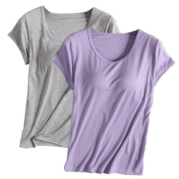 Yubnlvae Women's 2-Pack Shirt with Built-in Bra Padded Crewneck Short Sleeve Athletic Top - (Breathable Comfort | Solid Color | Layering Essential) (V | M)