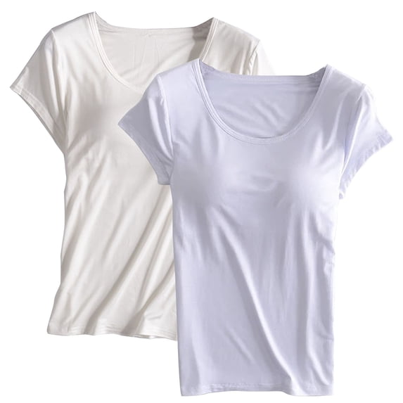 Yubnlvae Women's 2-Pack Shirt with Built-in Bra Padded Crewneck Short Sleeve Athletic Top - (Breathable Comfort | Solid Color | Layering Essential) (X | S)