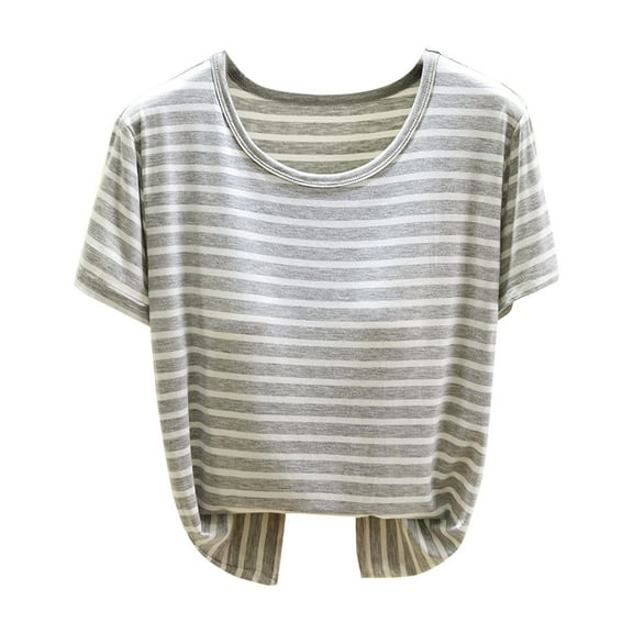 Yubnlvae Women's Built-In Bra T-Shirt - Summer Breathable Modal Short Sleeve Casual Top (No Bra Needed | Plus Size Slim Fit | Striped Pattern) (Grey | XXL)