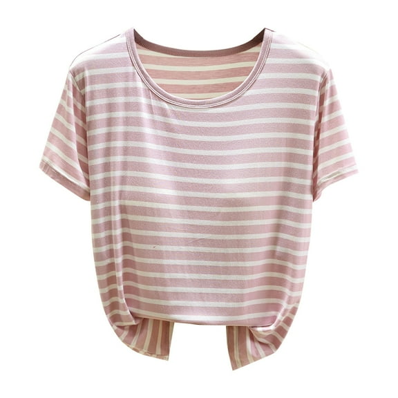 Yubnlvae Women's Built-In Bra T-Shirt - Summer Breathable Modal Short Sleeve Casual Top (No Bra Needed | Plus Size Slim Fit | Striped Pattern) (Pink | L)