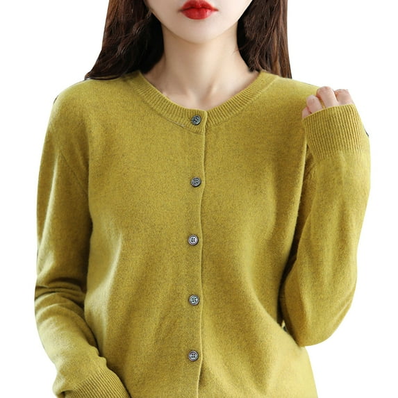 Yubnlvae Women's Cardigan Crew Neck Long Sleeve Button-Down Open Front - Pink/Blue/Watermelon Red/Gold/Khaki/Yellow/Green - S/M/L/XL/XXL (Yellow | M)