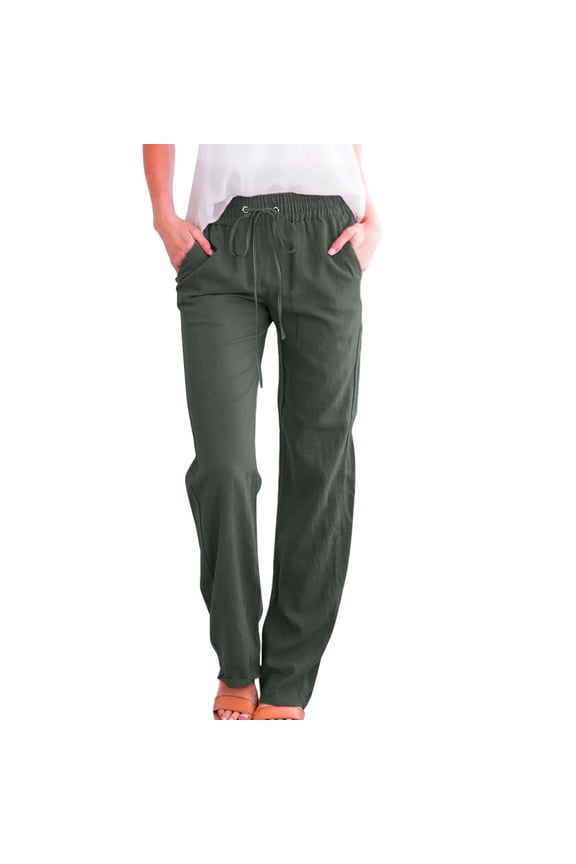 Women's Casual Pants Pull up Pants Women High Waisted Wide Leg Pants Casual Drawstring Elastic Trousers Comfy Straight Leg Long Pants with Pockets
