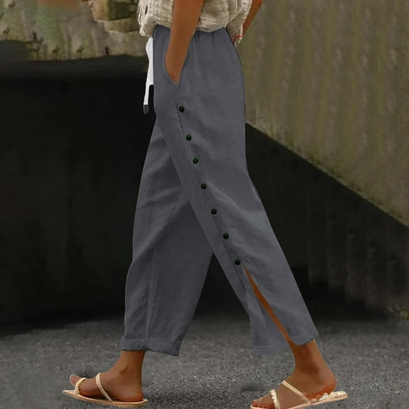Yubnlvae Women's Casual Side Button Wide Leg Lazy Cotton Linen Solid Pants, Women's Elastic Waist Linen Pants Wide Leg Beach Casual Palazzo Trousers with Pockets, Dark Gray, Xxl