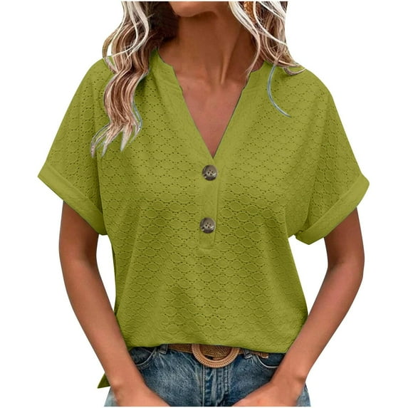 Yubnlvae Women's Casual Solid Button V-Neck Hollow-Out Short Sleeve T-Shirt, 2025 Women's V-Neck Lace Trim Blouse Short Sleeve Summer Top | Beach Wedding & Daily Boho Outfits, Green, 3Xl