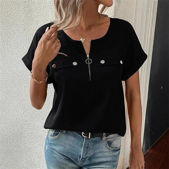 Yubnlvae Women's Casual Top - Perfect for Daily Wear, 2025 Women's Solid Color Zipper Shirt | Fashion Casual T-Shirt, Black, Xxl
