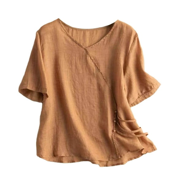 Yubnlvae Women's Chinese Style Embroidered Shirt – Retro Button-Up, Loose Fit, Short Sleeve Blouse Brown, L