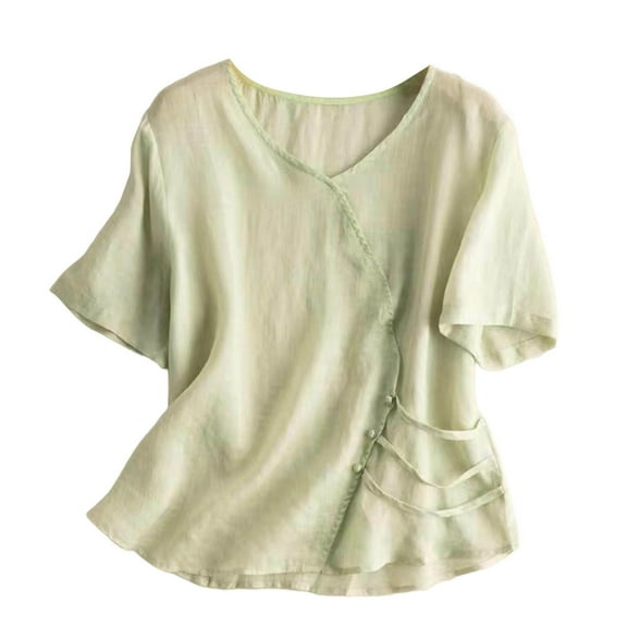 Yubnlvae Women's Chinese Style Embroidered Shirt – Retro Button-Up, Loose Fit, Short Sleeve Blouse Green, Xxl