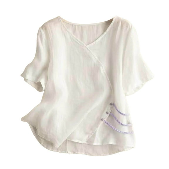 Yubnlvae Women's Chinese Style Embroidered Shirt – Retro Button-Up, Loose Fit, Short Sleeve Blouse White, M