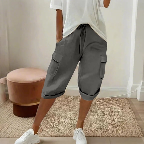 Yubnlvae Women's Cotton-Linen Cargo Pants Elastic Waist Casual Wide Leg Quarter Length Trousers, Grey, S