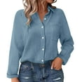 thumbnail image 1 of Yubnlvae Women's Cotton Linen Long Sleeve Shirt - Solid Color Pleated Detail with Belt & Pocket - Spring Summer Loose Casual Blouse (S-XXL) (Blue | L), 1 of 6
