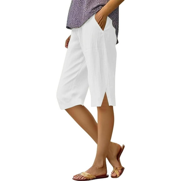 Yubnlvae Women's Cotton Linen Shorts High Waist Slit Pocket Casual Summer Loose Fit, White, S